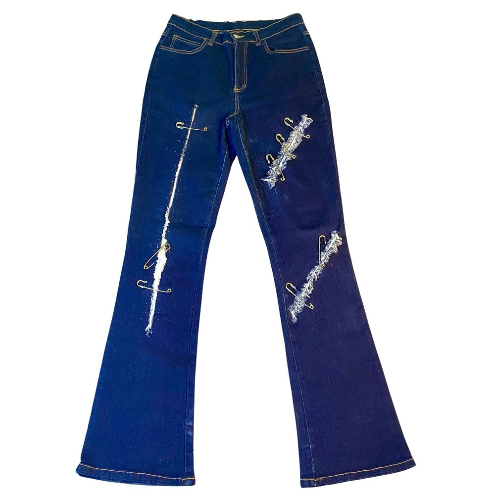 Y2K Navi Women's M Jeans Dark Wash‎ Flare Leg Embellished Gold Safety Pin Denim